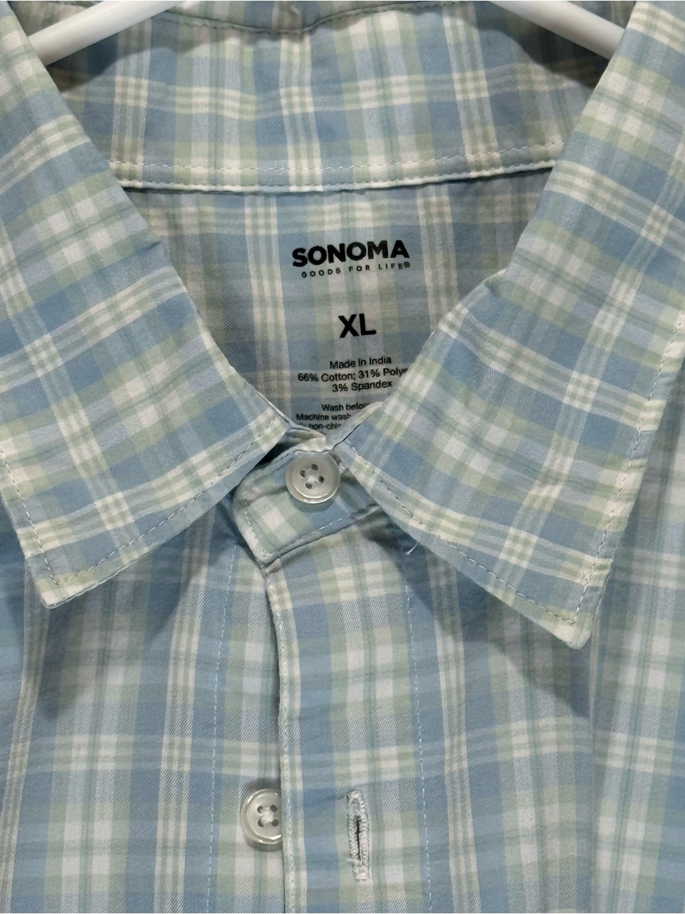 Sonoma Blue and White Plaid Cotton Blend Button-Down Shirt